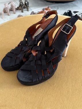 Lanvin Black Woven Slingback Heels with Buckle